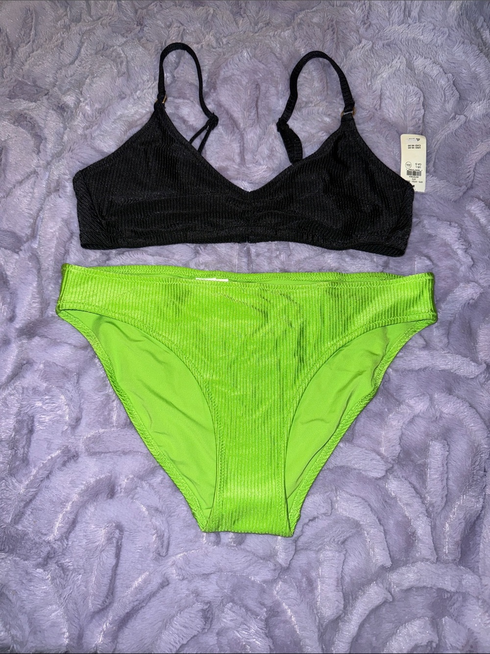 aerie Black Ribbed Bikini Top with Neon Green Bikini Bottoms